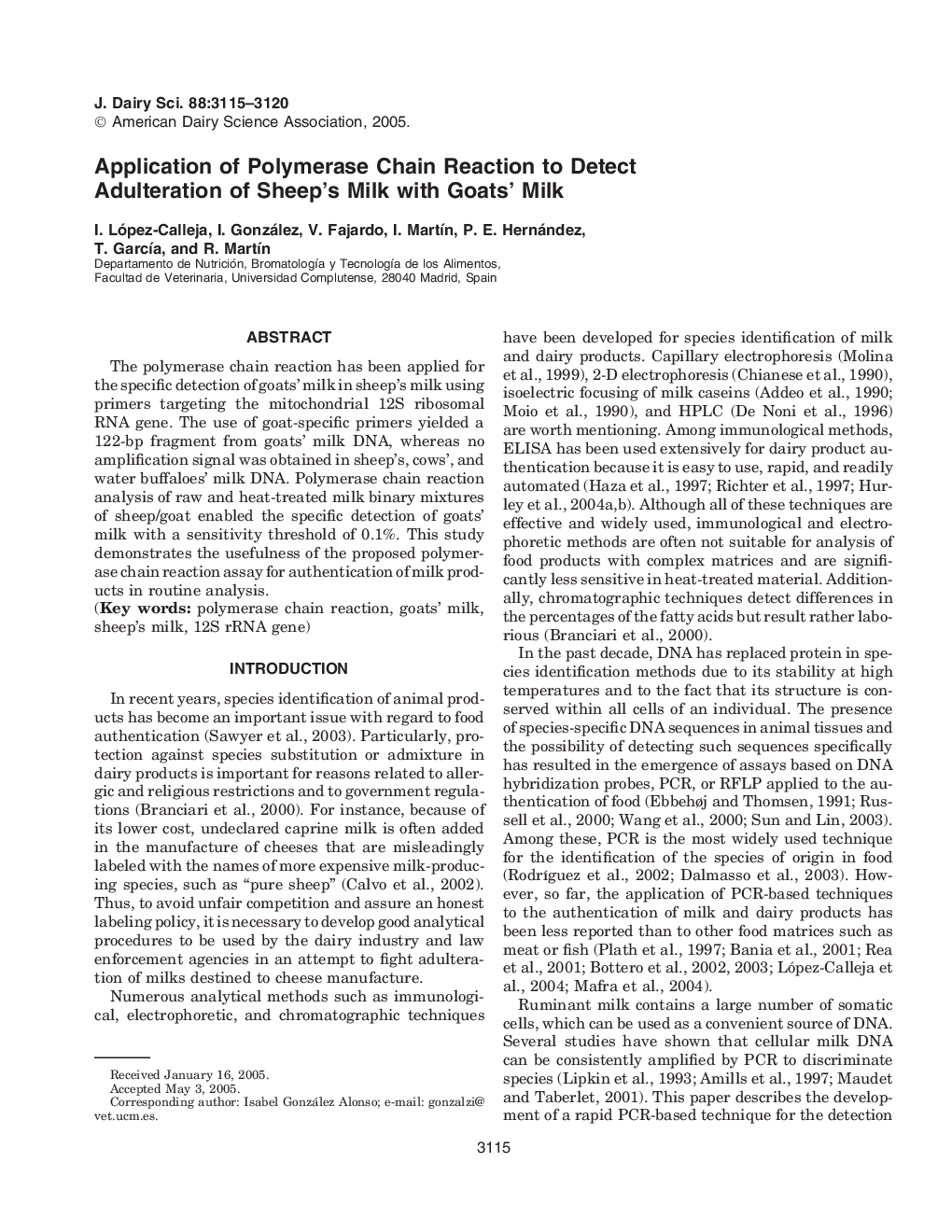 Application of Polymerase Chain Reaction to Detect Adulteration of Sheep's Milk with Goats’ Milk