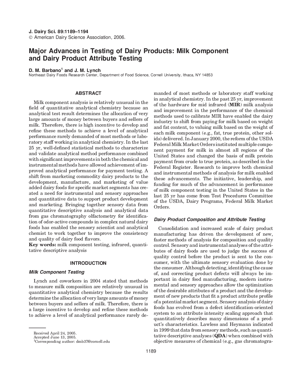 Major Advances in Testing of Dairy Products: Milk Component and Dairy Product Attribute Testing