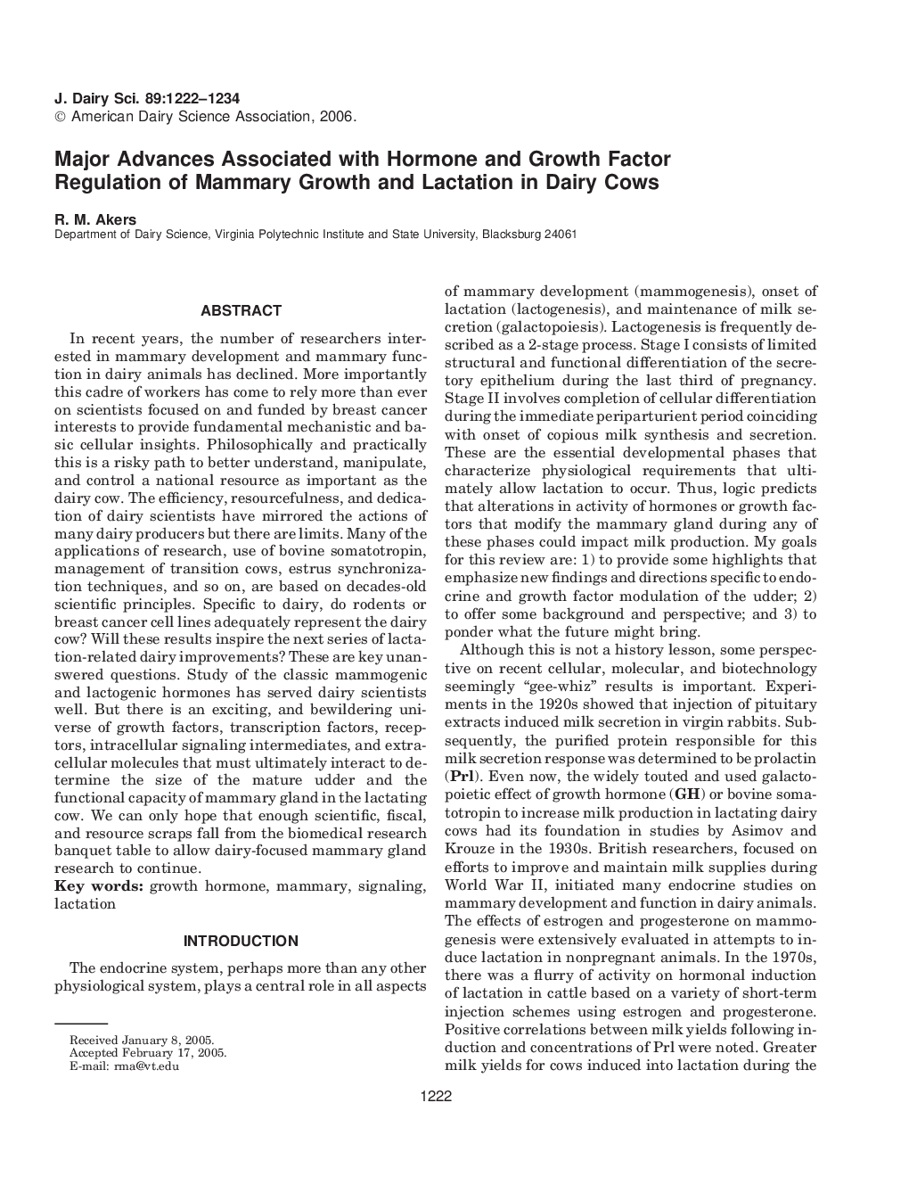 Major Advances Associated with Hormone and Growth Factor Regulation of Mammary Growth and Lactation in Dairy Cows