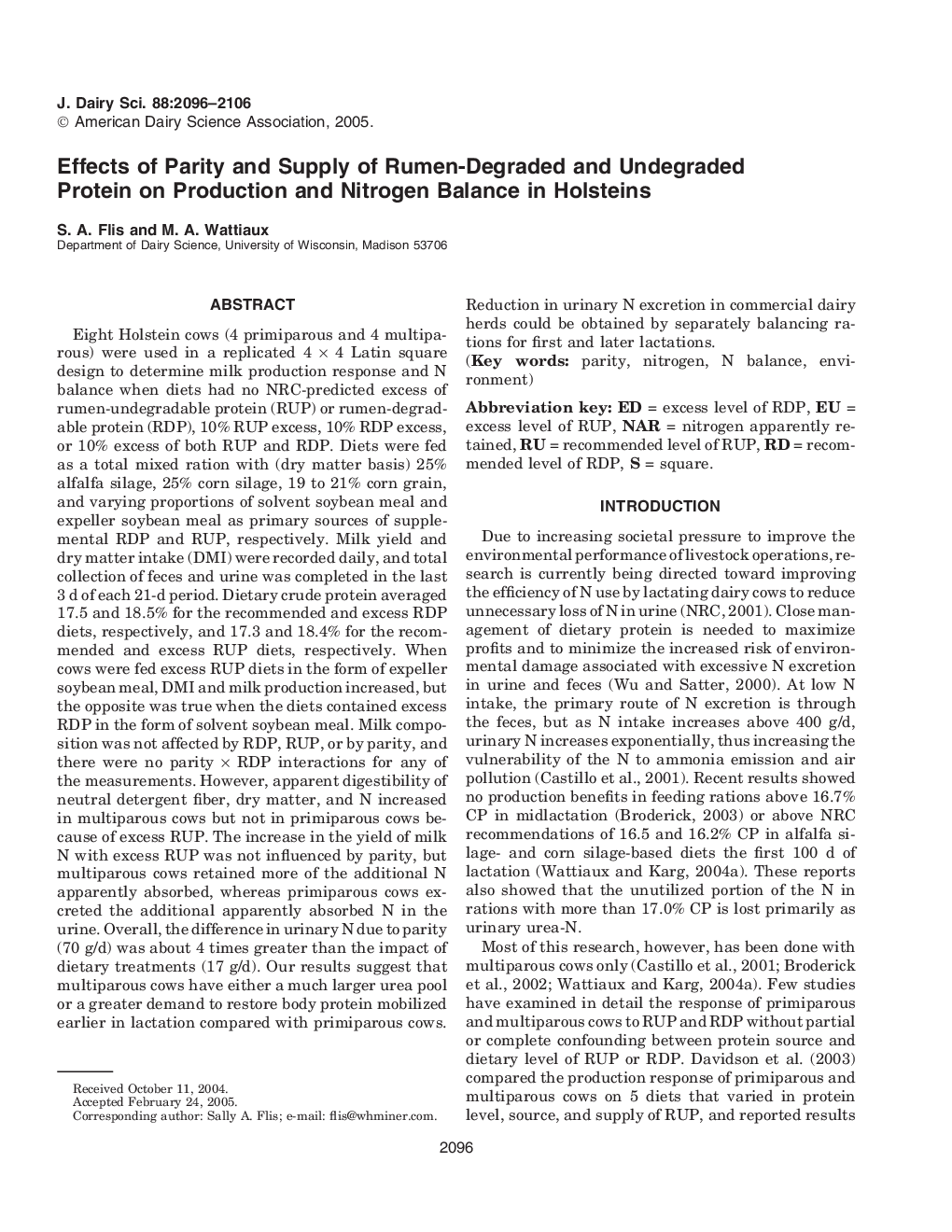 Effects of Parity and Supply of Rumen-Degraded and Undegraded Protein on Production and Nitrogen Balance in Holsteins