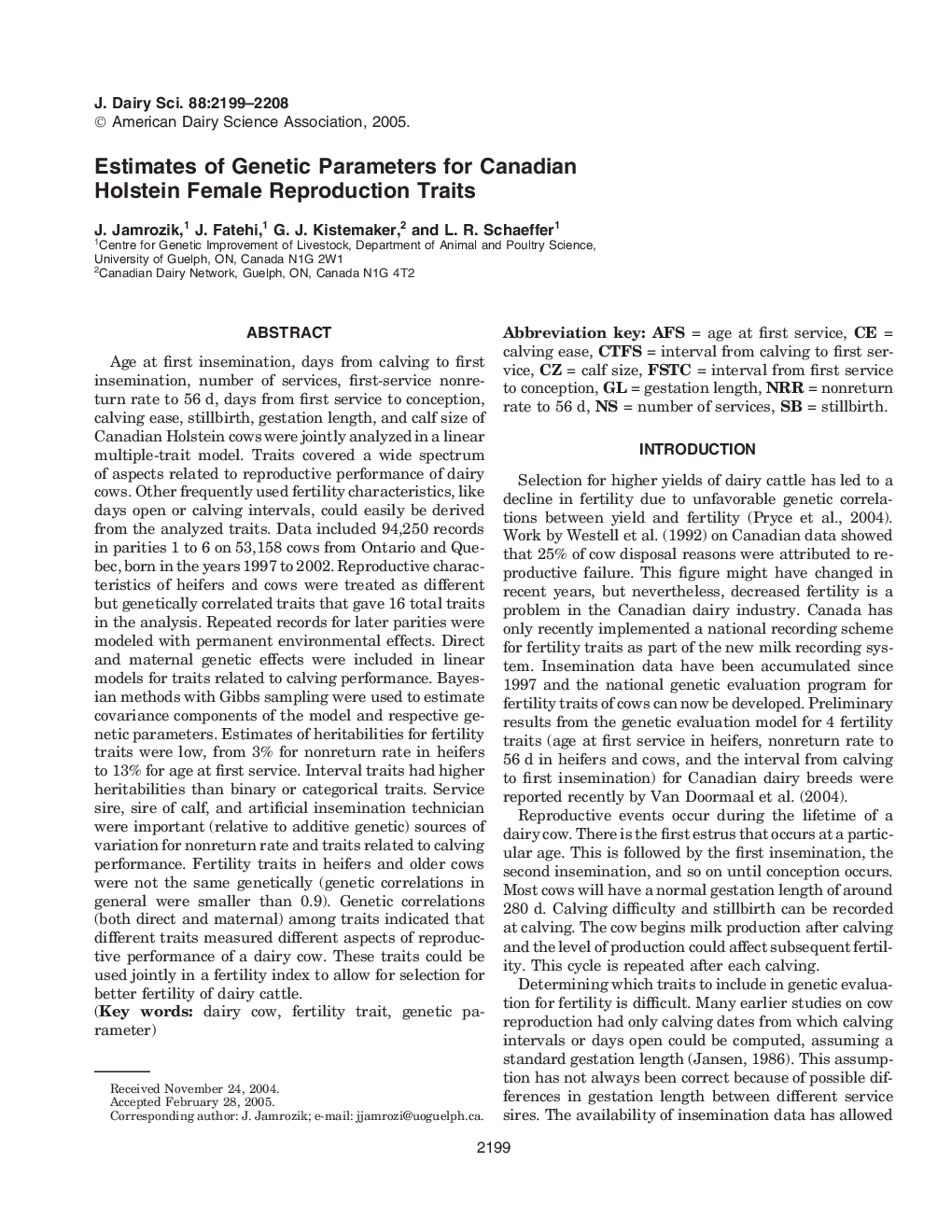 Estimates of Genetic Parameters for Canadian Holstein Female Reproduction Traits