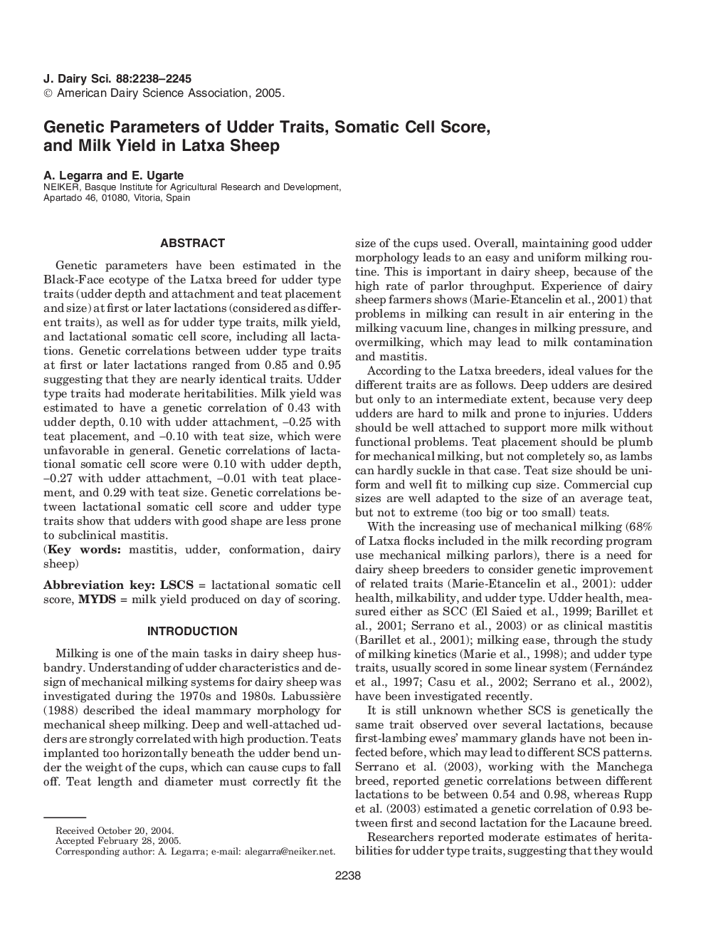 Genetic Parameters of Udder Traits, Somatic Cell Score, and Milk Yield in Latxa Sheep