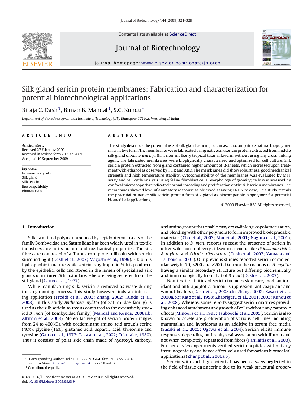 Silk gland sericin protein membranes: Fabrication and characterization for potential biotechnological applications