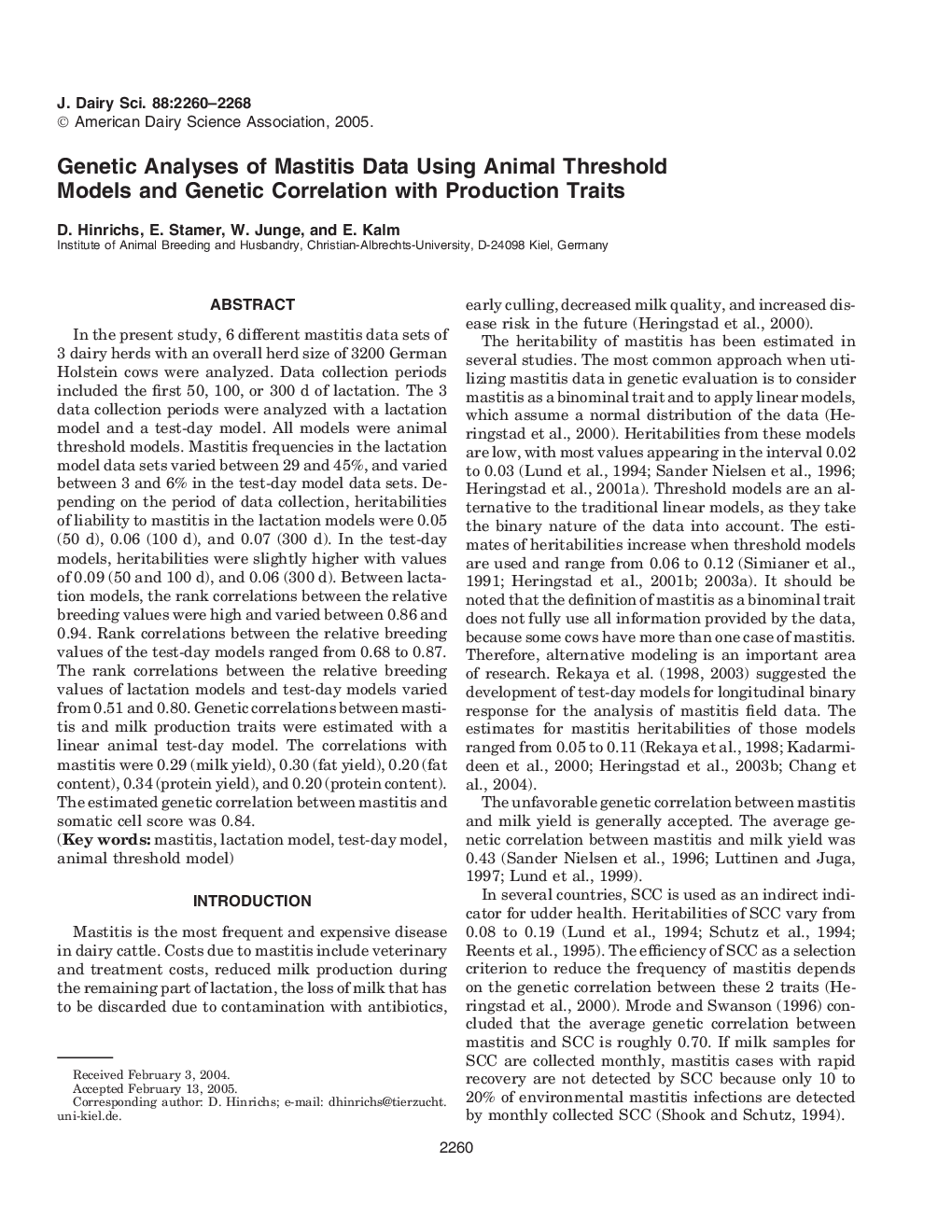 Genetic Analyses of Mastitis Data Using Animal Threshold Models and Genetic Correlation with Production Traits