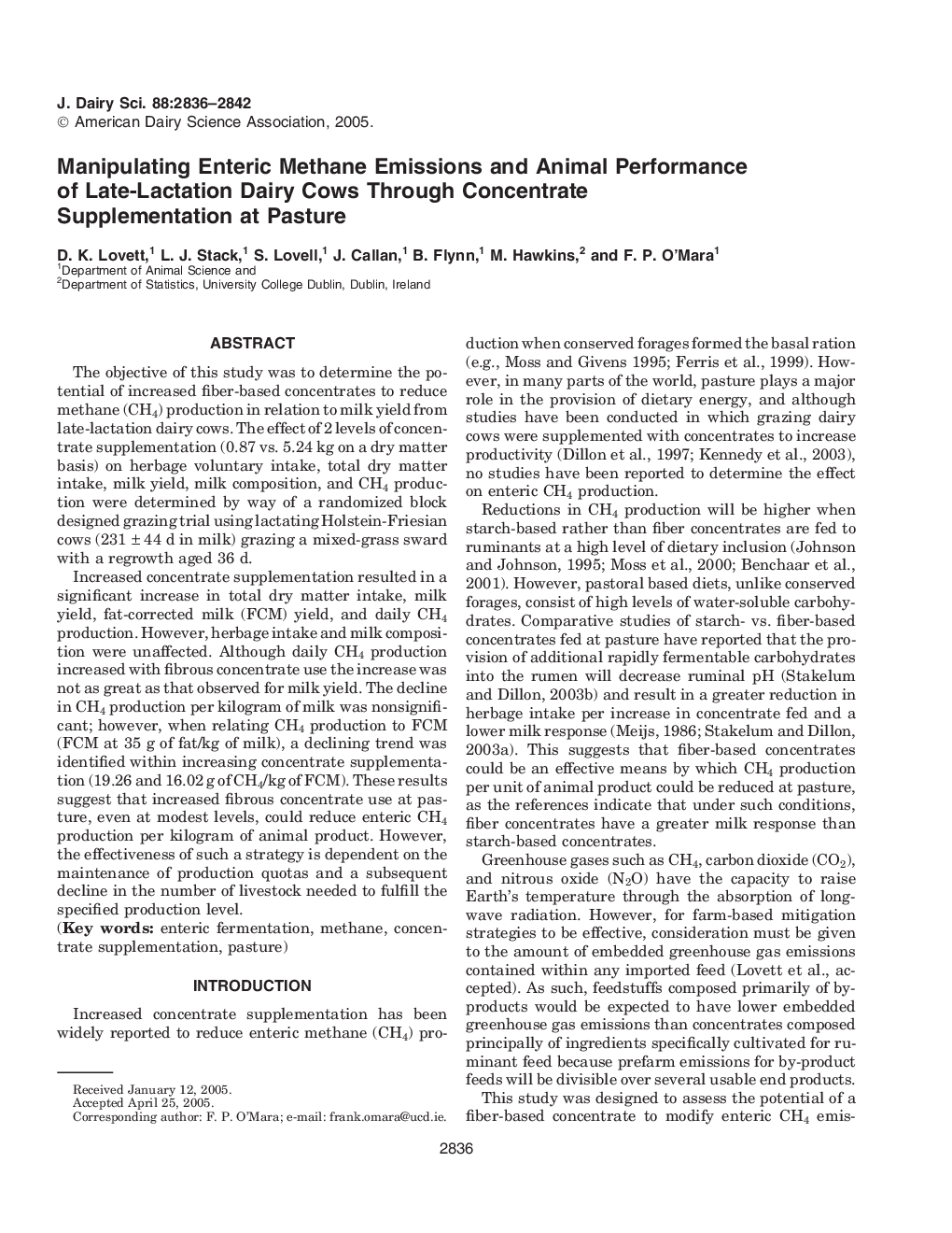 Manipulating Enteric Methane Emissions and Animal Performance of Late-Lactation Dairy Cows Through Concentrate Supplementation at Pasture