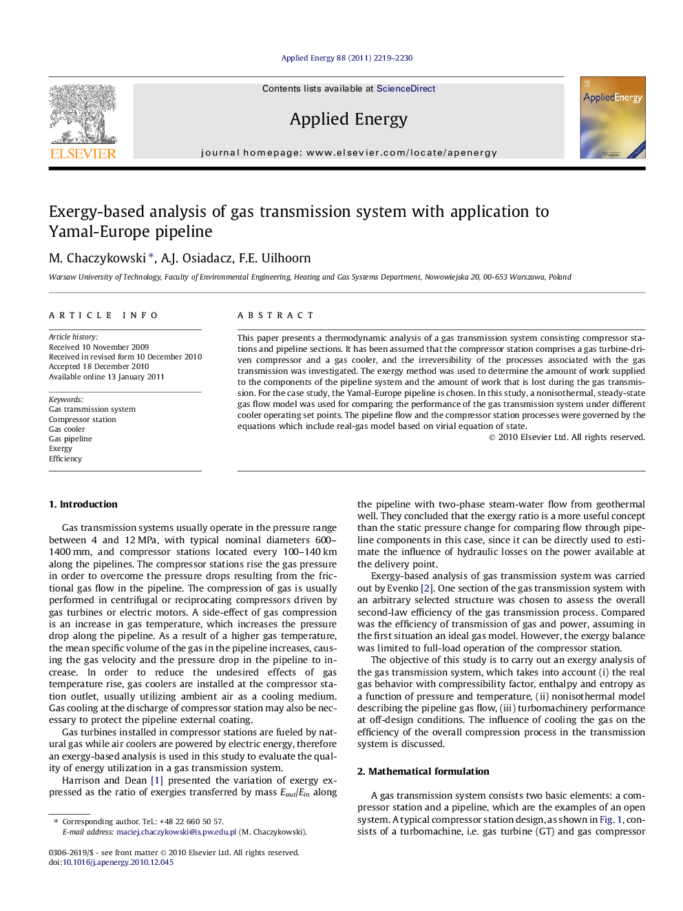 Exergy-based analysis of gas transmission system with application to Yamal-Europe pipeline