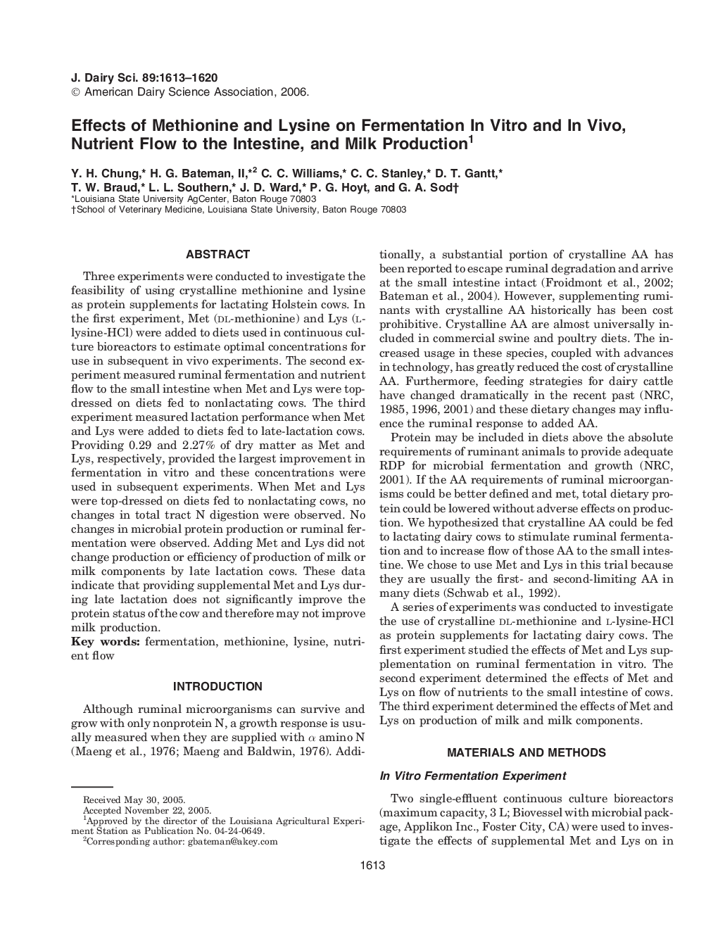 Effects of Methionine and Lysine on Fermentation In Vitro and In Vivo, Nutrient Flow to the Intestine, and Milk Production1