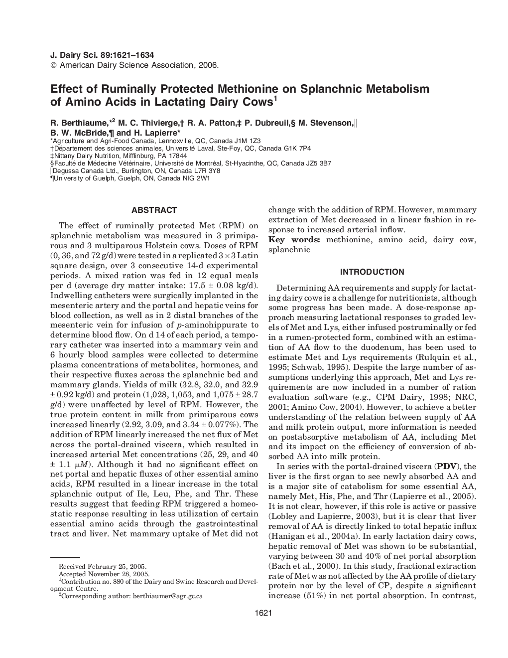 Effect of Ruminally Protected Methionine on Splanchnic Metabolism of Amino Acids in Lactating Dairy Cows1