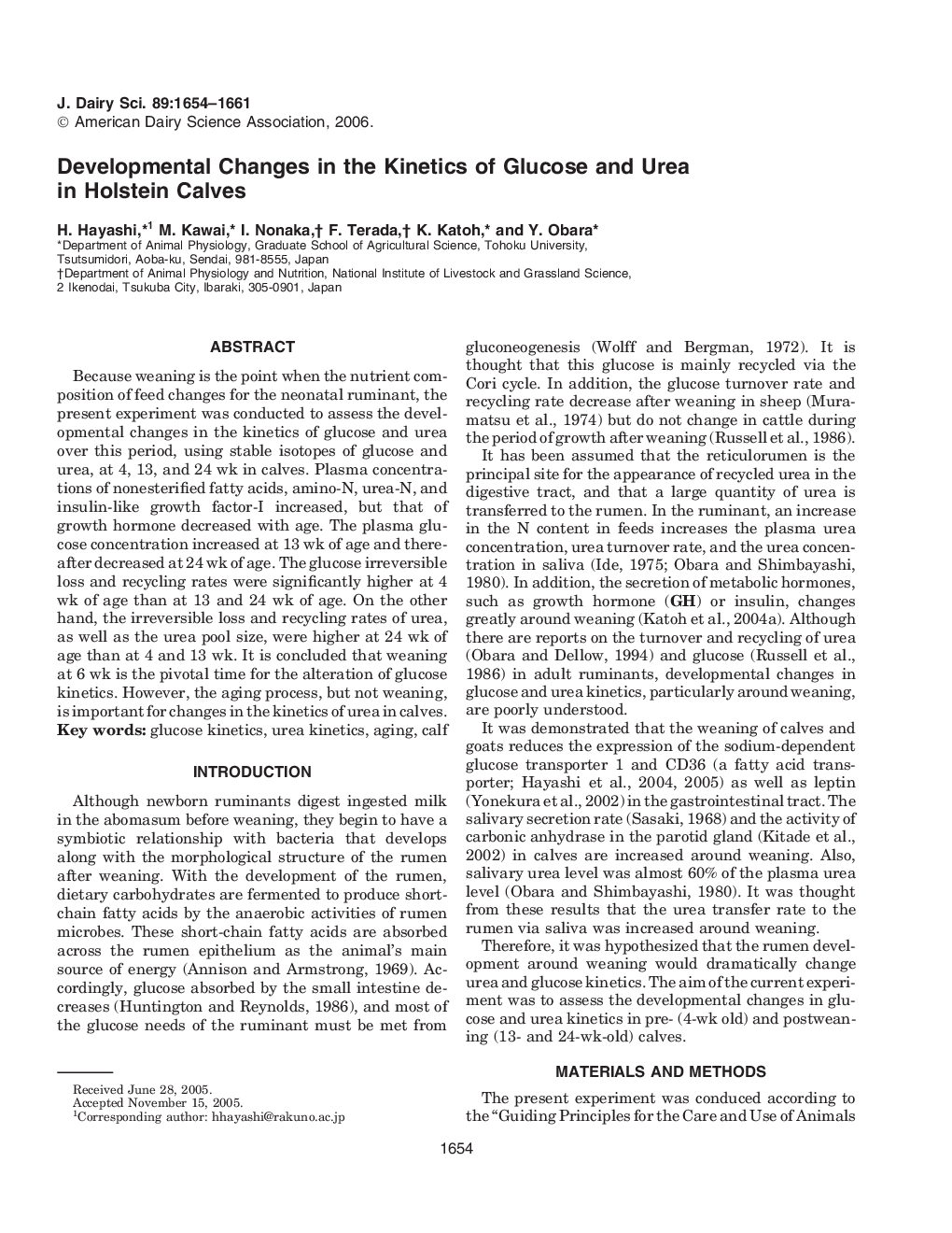 Developmental Changes in the Kinetics of Glucose and Urea in Holstein Calves