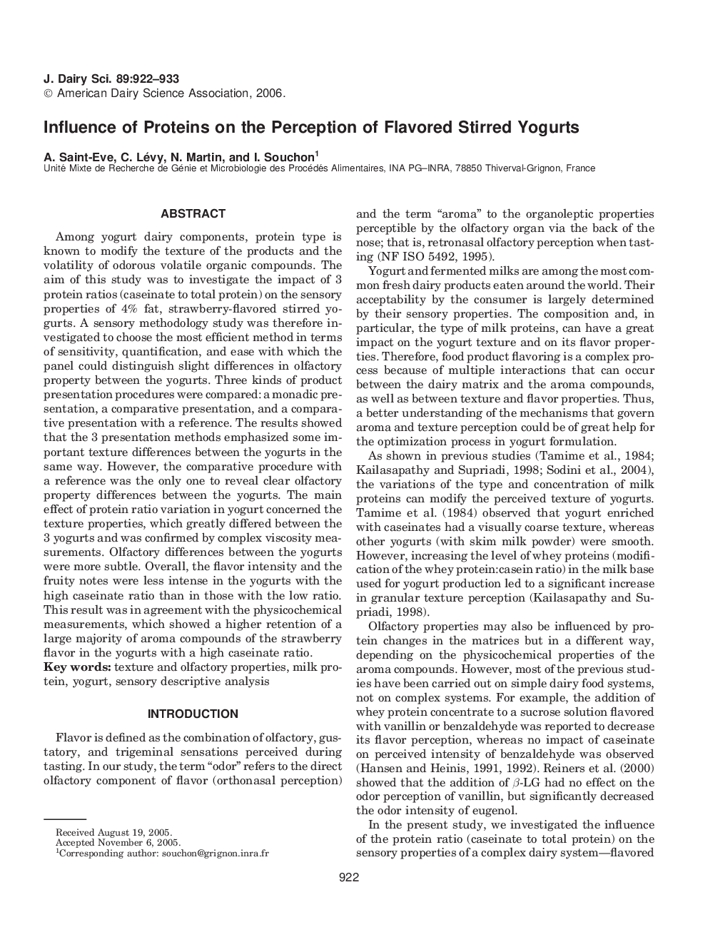 Influence of Proteins on the Perception of Flavored Stirred Yogurts