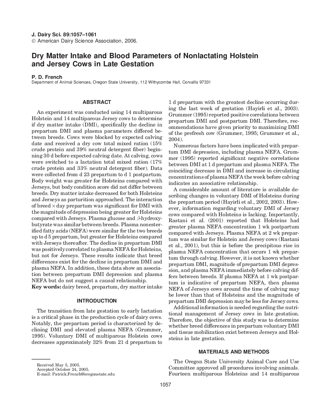 Dry Matter Intake and Blood Parameters of Nonlactating Holstein and Jersey Cows in Late Gestation