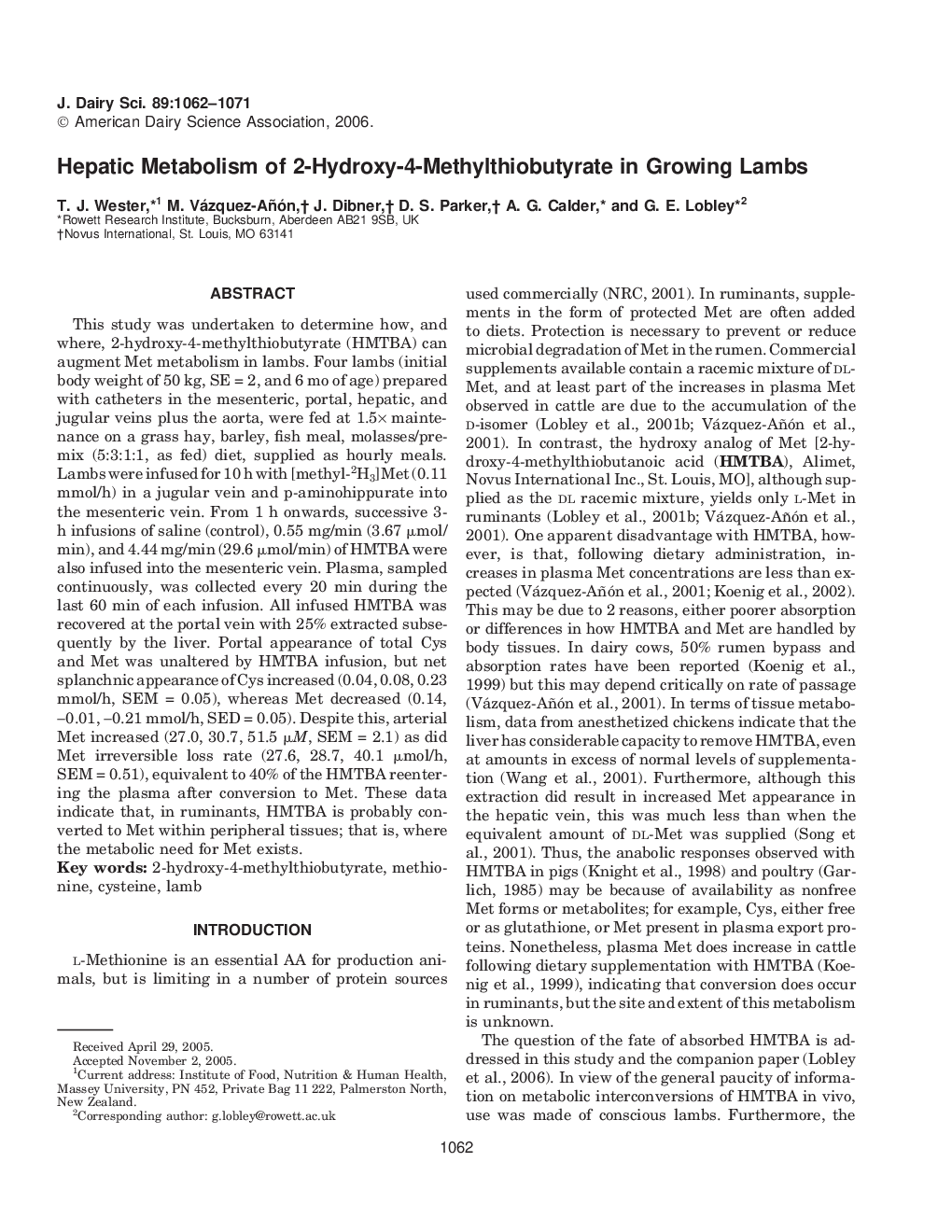 Hepatic Metabolism of 2-Hydroxy-4-Methylthiobutyrate in Growing Lambs