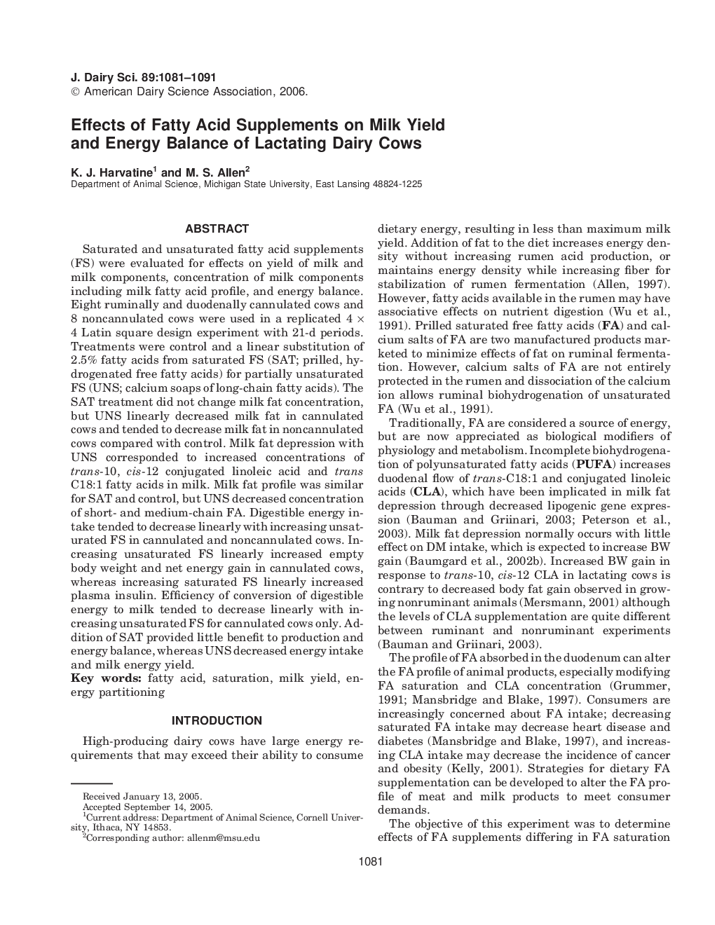 Effects of Fatty Acid Supplements on Milk Yield and Energy Balance of Lactating Dairy Cows