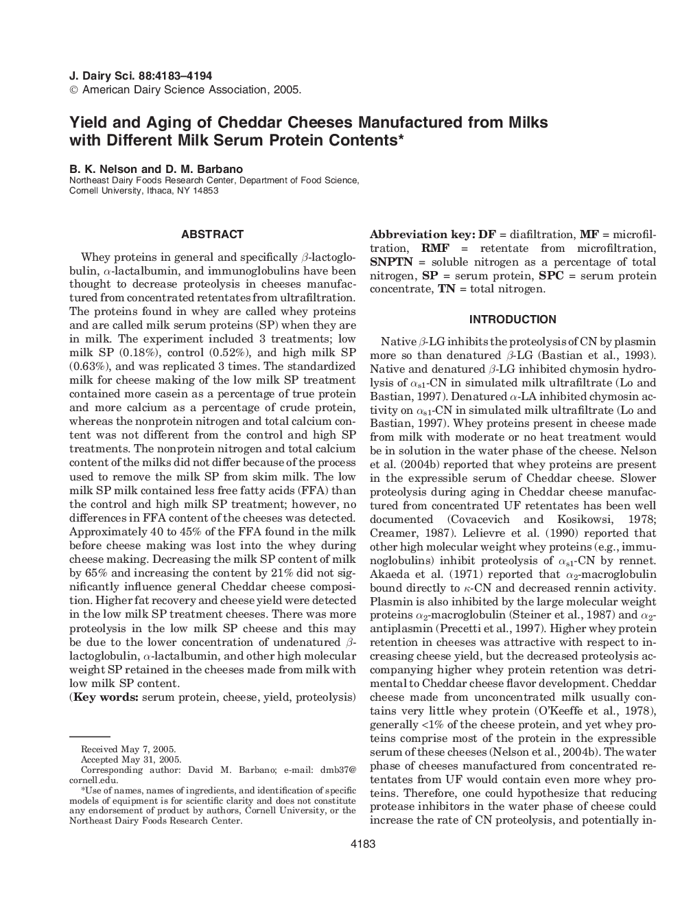 Yield and Aging of Cheddar Cheeses Manufactured from Milks with Different Milk Serum Protein Contents*