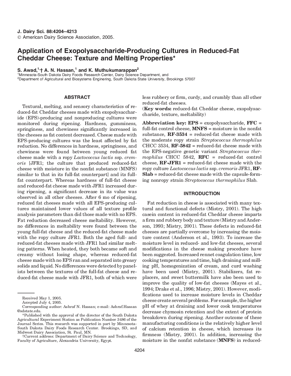 Application of Exopolysaccharide-Producing Cultures in Reduced-Fat Cheddar Cheese: Texture and Melting Properties*