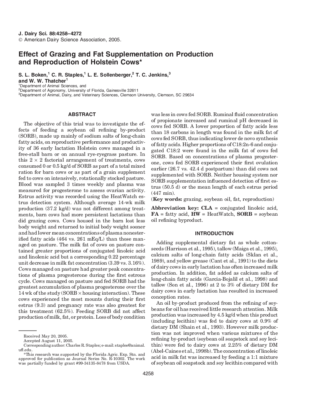 Effect of Grazing and Fat Supplementation on Production and Reproduction of Holstein Cows*