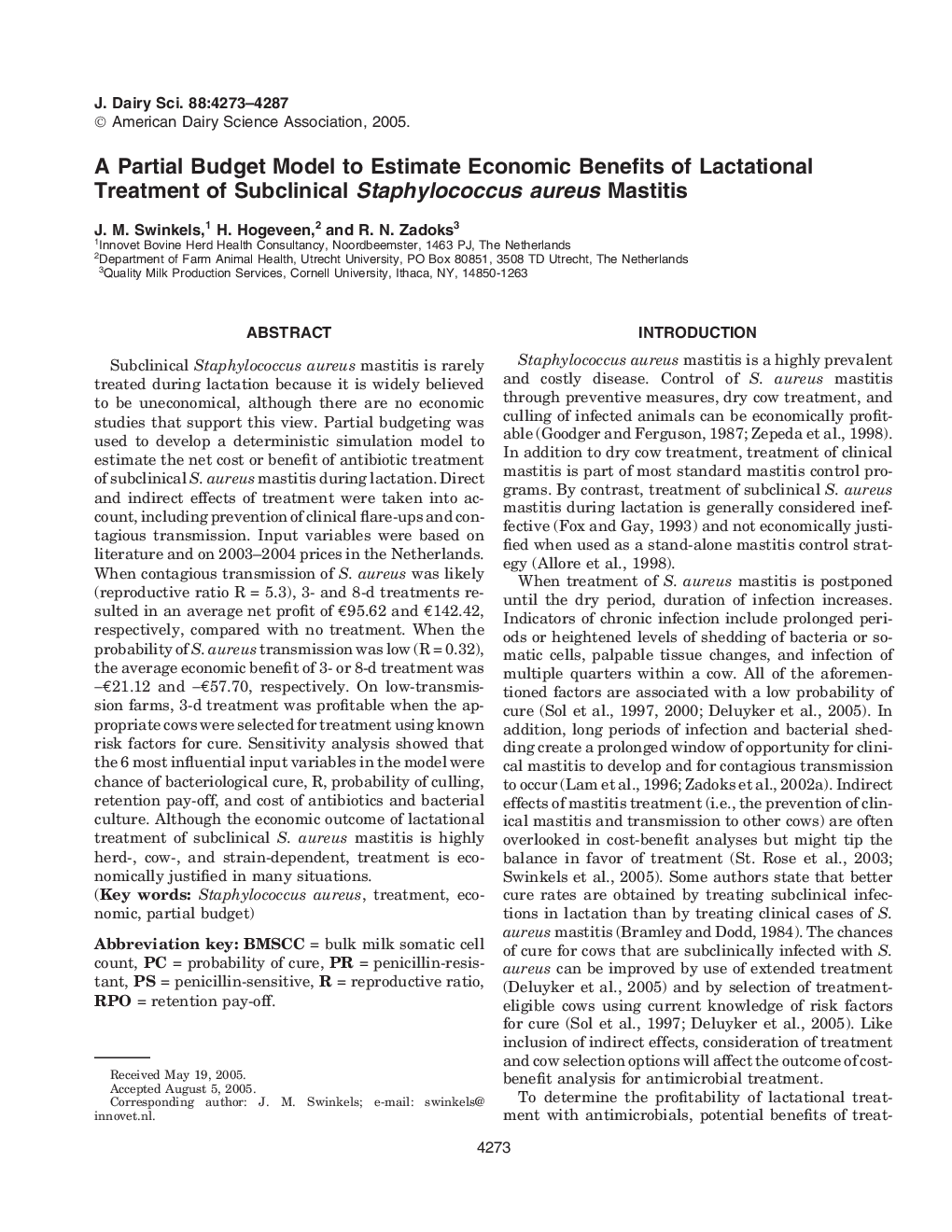 A Partial Budget Model to Estimate Economic Benefits of Lactational Treatment of Subclinical Staphylococcus aureus Mastitis