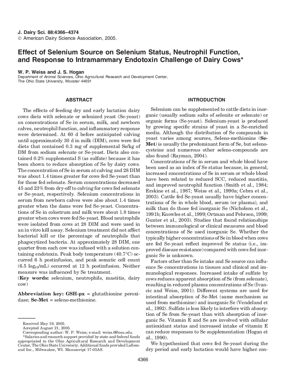 Effect of Selenium Source on Selenium Status, Neutrophil Function, and Response to Intramammary Endotoxin Challenge of Dairy Cows*