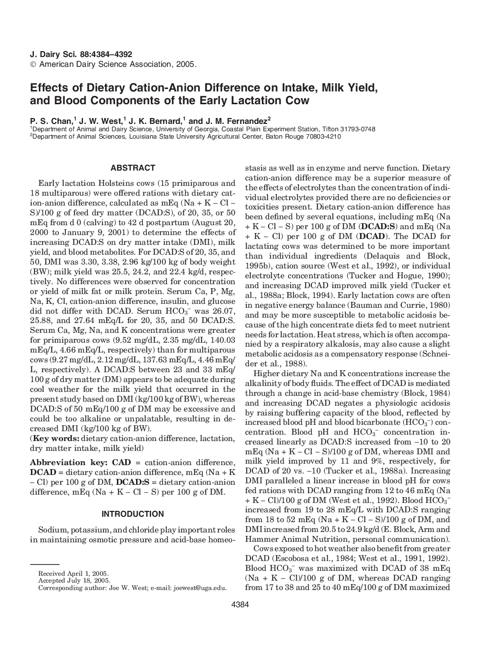 Effects of Dietary Cation-Anion Difference on Intake, Milk Yield, and Blood Components of the Early Lactation Cow