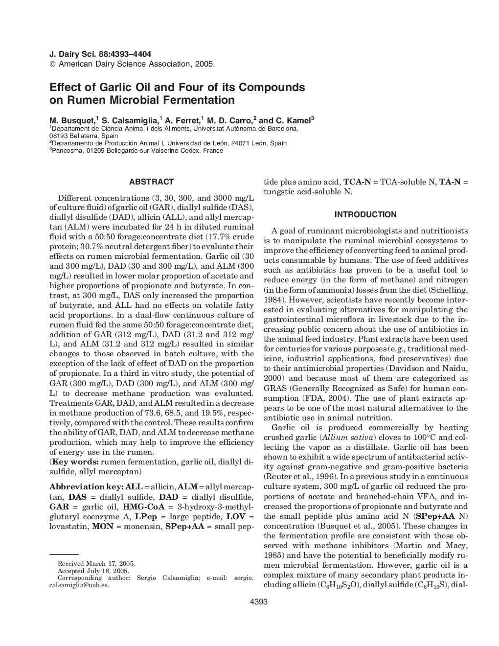 Effect of Garlic Oil and Four of its Compounds on Rumen Microbial Fermentation