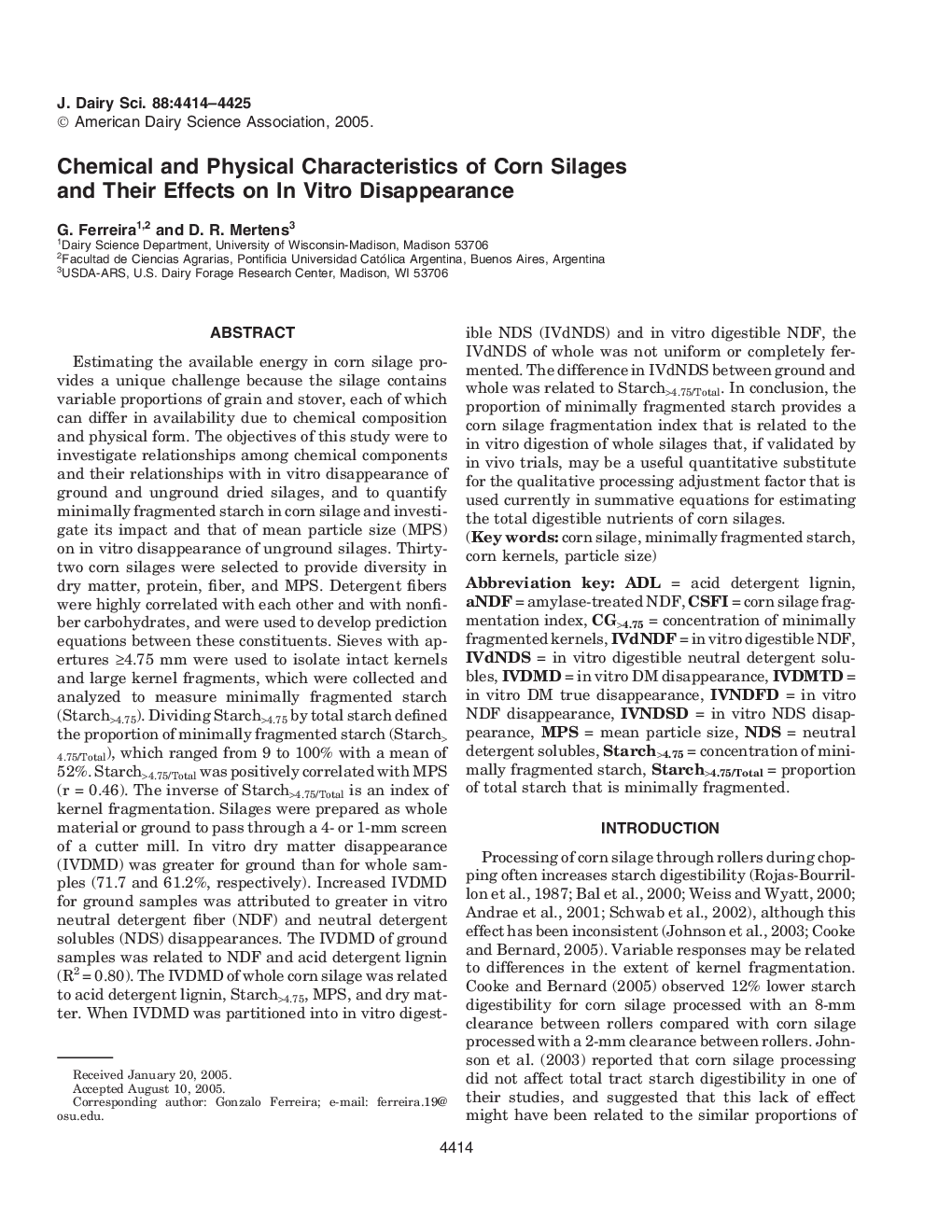 Chemical and Physical Characteristics of Corn Silages and Their Effects on In Vitro Disappearance