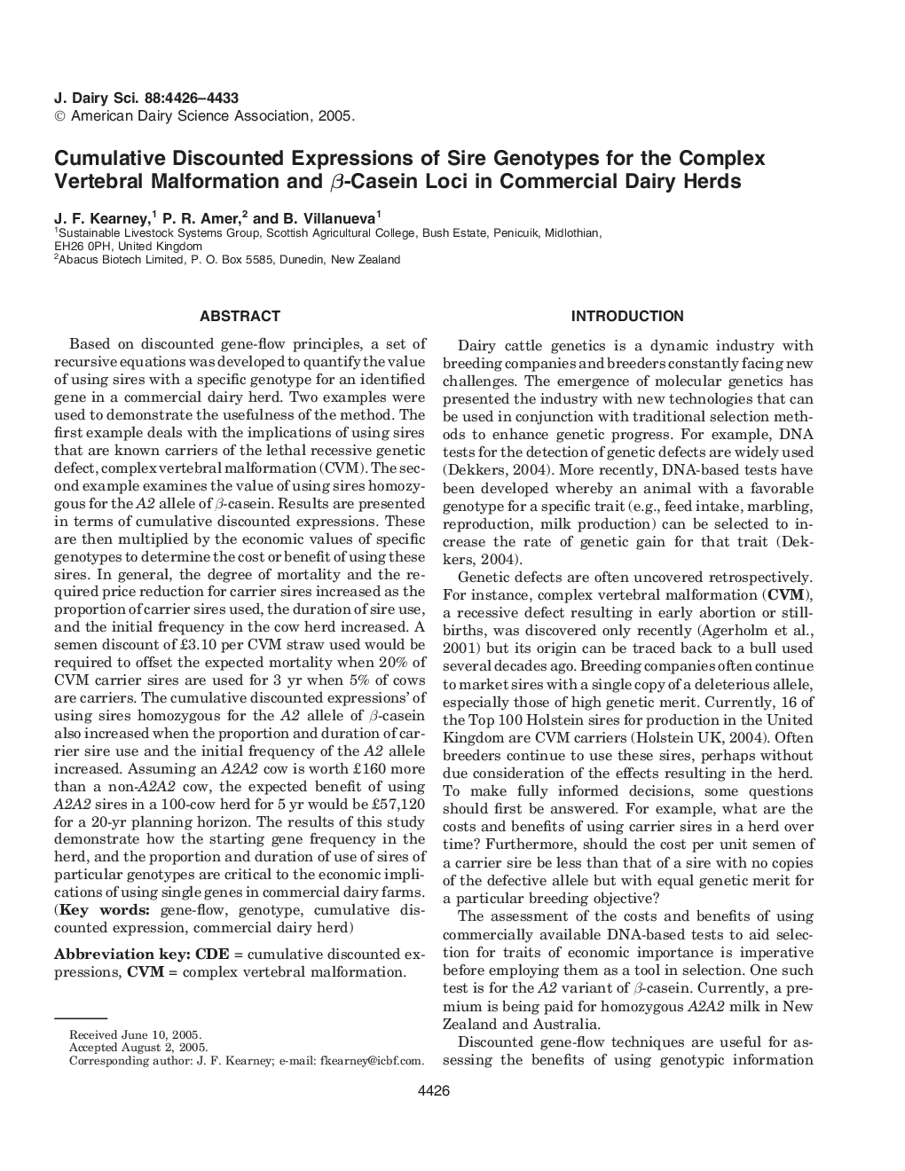 Cumulative Discounted Expressions of Sire Genotypes for the Complex Vertebral Malformation and β-Casein Loci in Commercial Dairy Herds