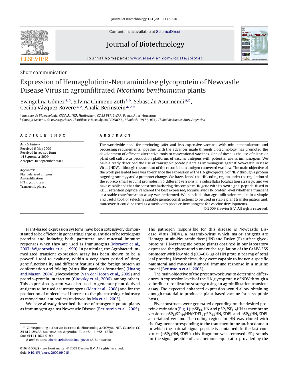 Expression of Hemagglutinin-Neuraminidase glycoprotein of Newcastle Disease Virus in agroinfiltrated Nicotiana benthamiana plants