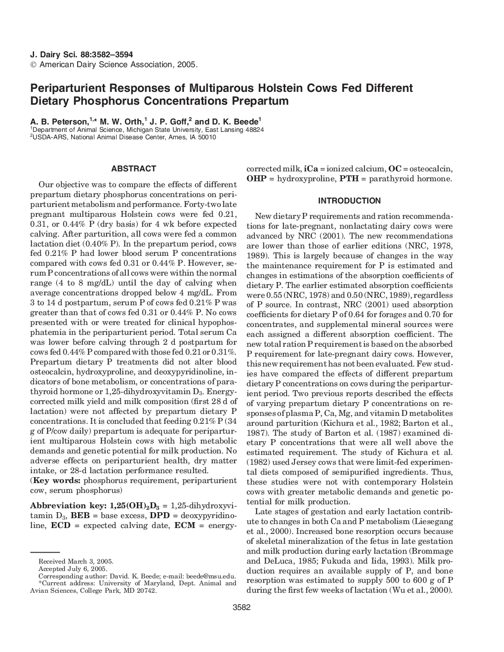 Periparturient Responses of Multiparous Holstein Cows Fed Different Dietary Phosphorus Concentrations Prepartum