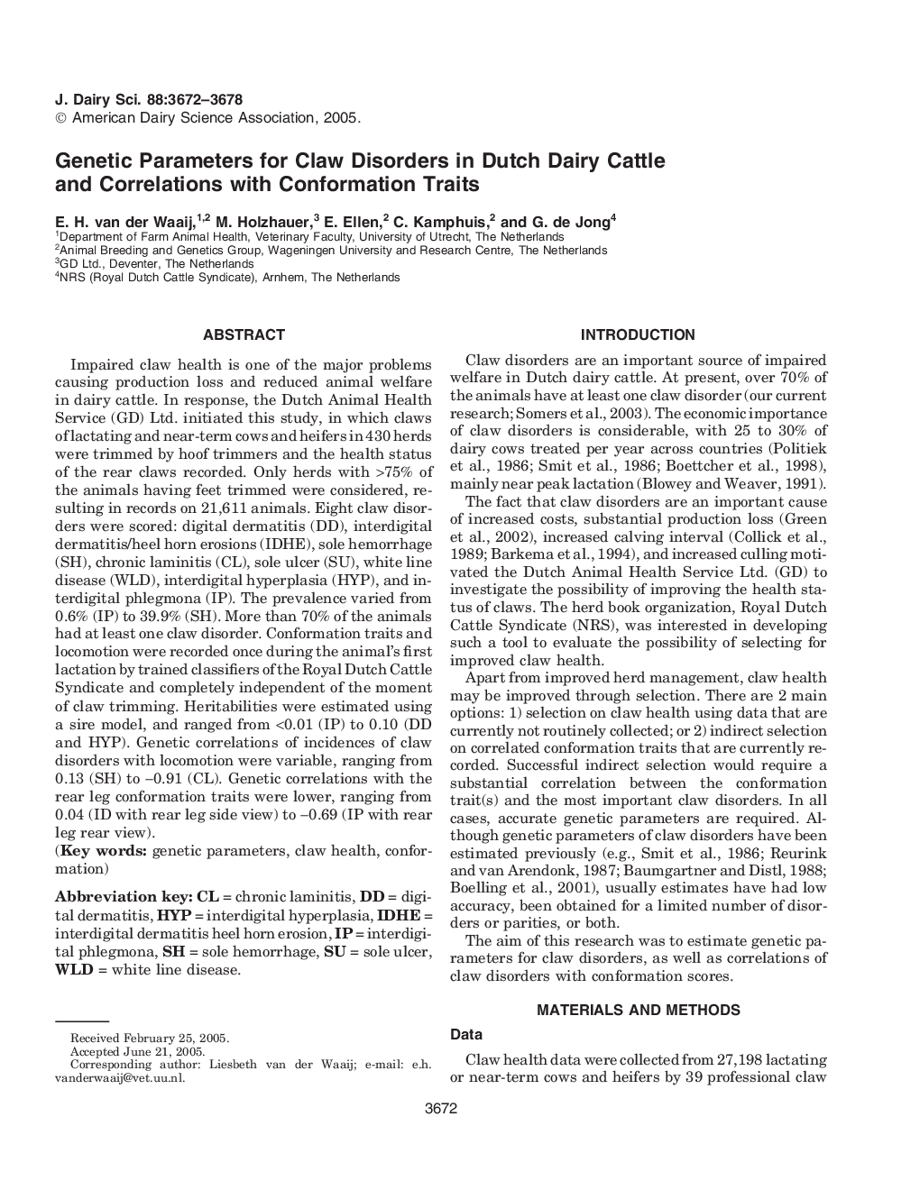 Genetic Parameters for Claw Disorders in Dutch Dairy Cattle and Correlations with Conformation Traits