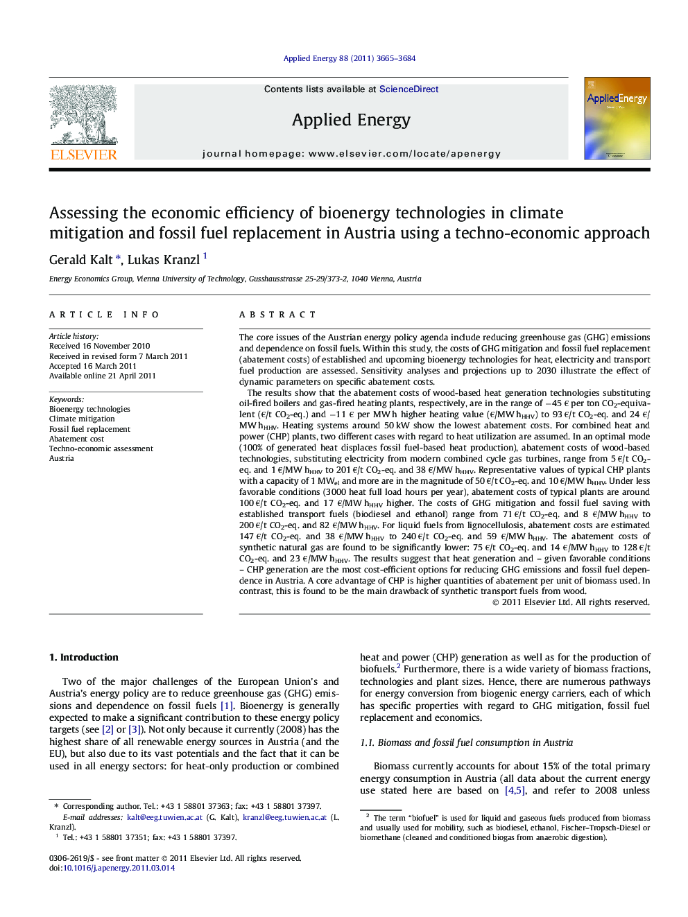 Assessing the economic efficiency of bioenergy technologies in climate mitigation and fossil fuel replacement in Austria using a techno-economic approach