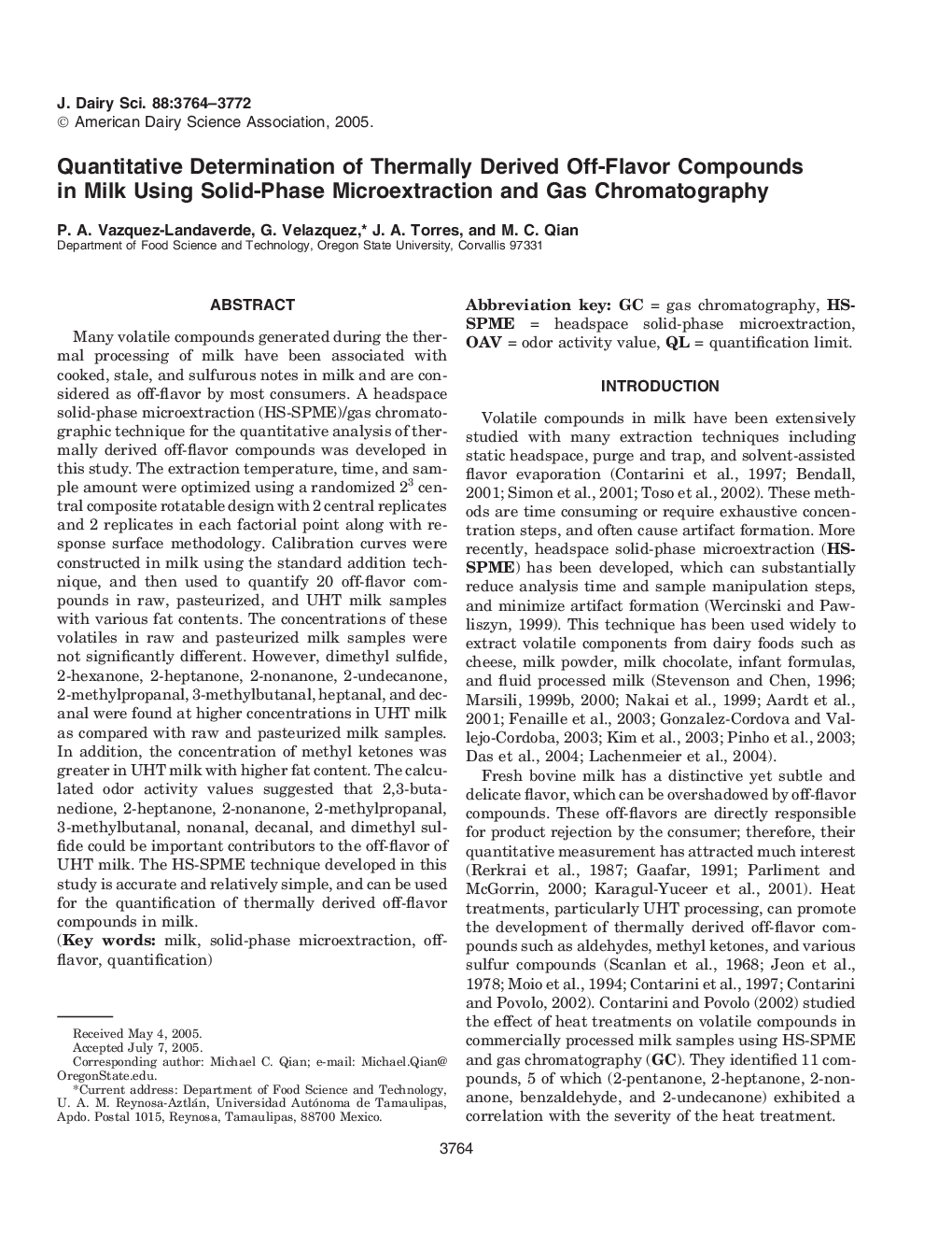 Quantitative Determination of Thermally Derived Off-Flavor Compounds in Milk Using Solid-Phase Microextraction and Gas Chromatography