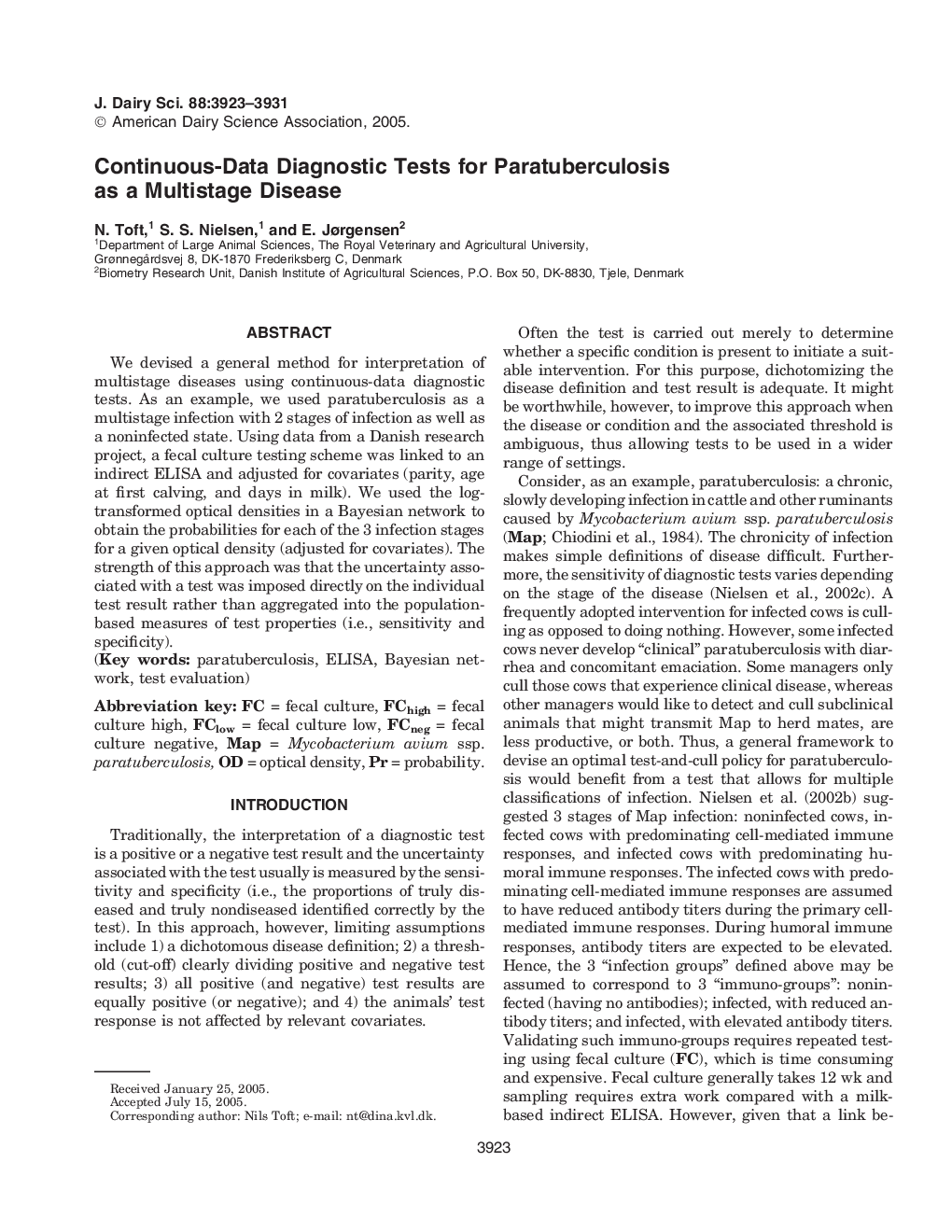 Continuous-Data Diagnostic Tests for Paratuberculosis as a Multistage Disease