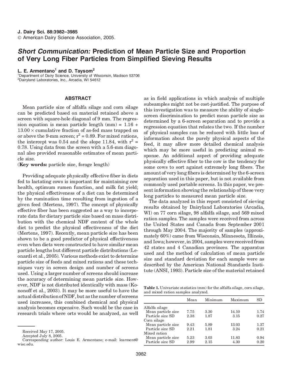 Short Communication: Prediction of Mean Particle Size and Proportion of Very Long Fiber Particles from Simplified Sieving Results