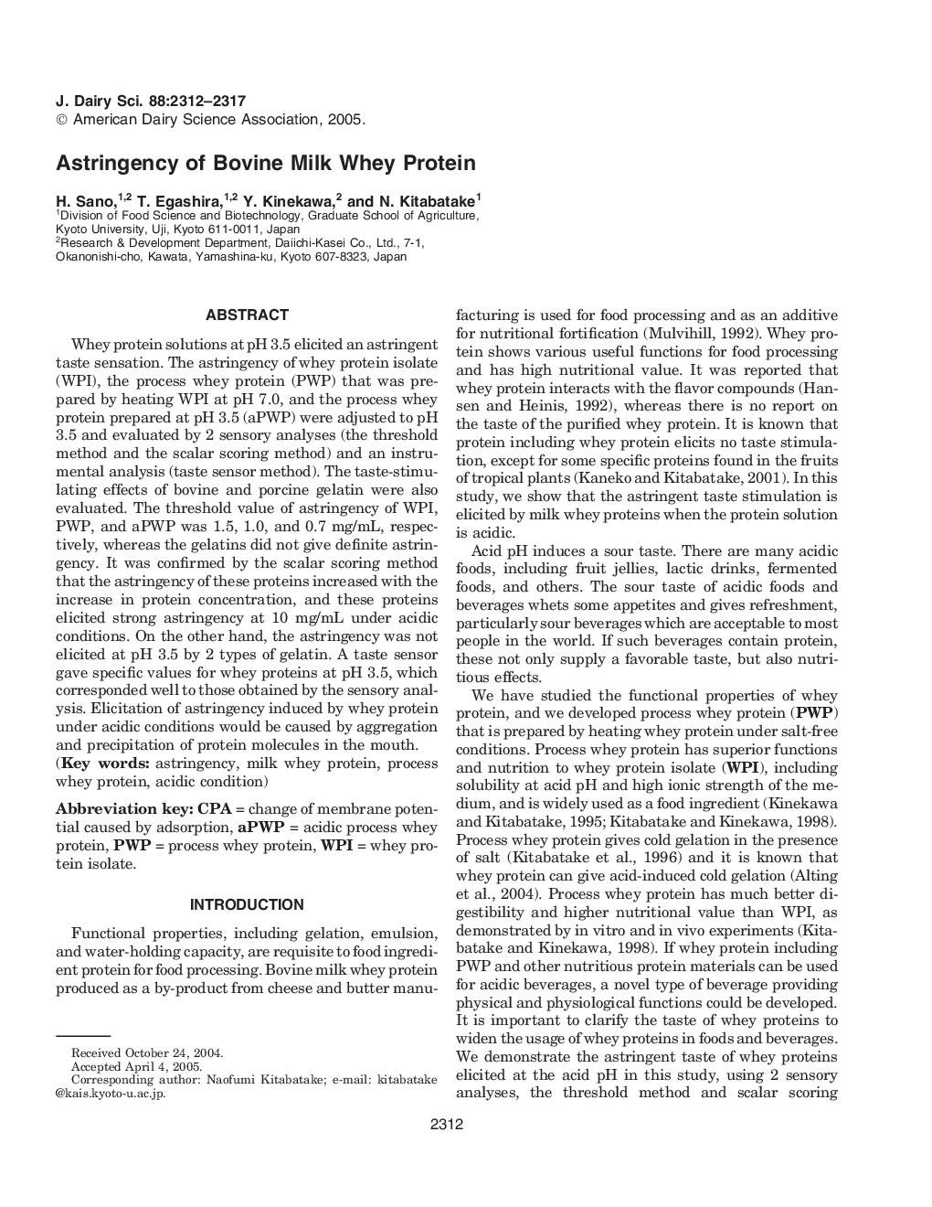 Astringency of Bovine Milk Whey Protein