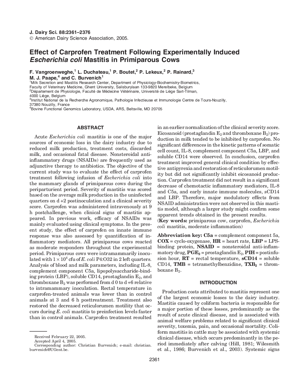 Effect of Carprofen Treatment Following Experimentally Induced Escherichia coli Mastitis in Primiparous Cows