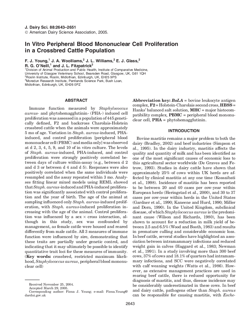 In Vitro Peripheral Blood Mononuclear Cell Proliferation in a Crossbred Cattle Population