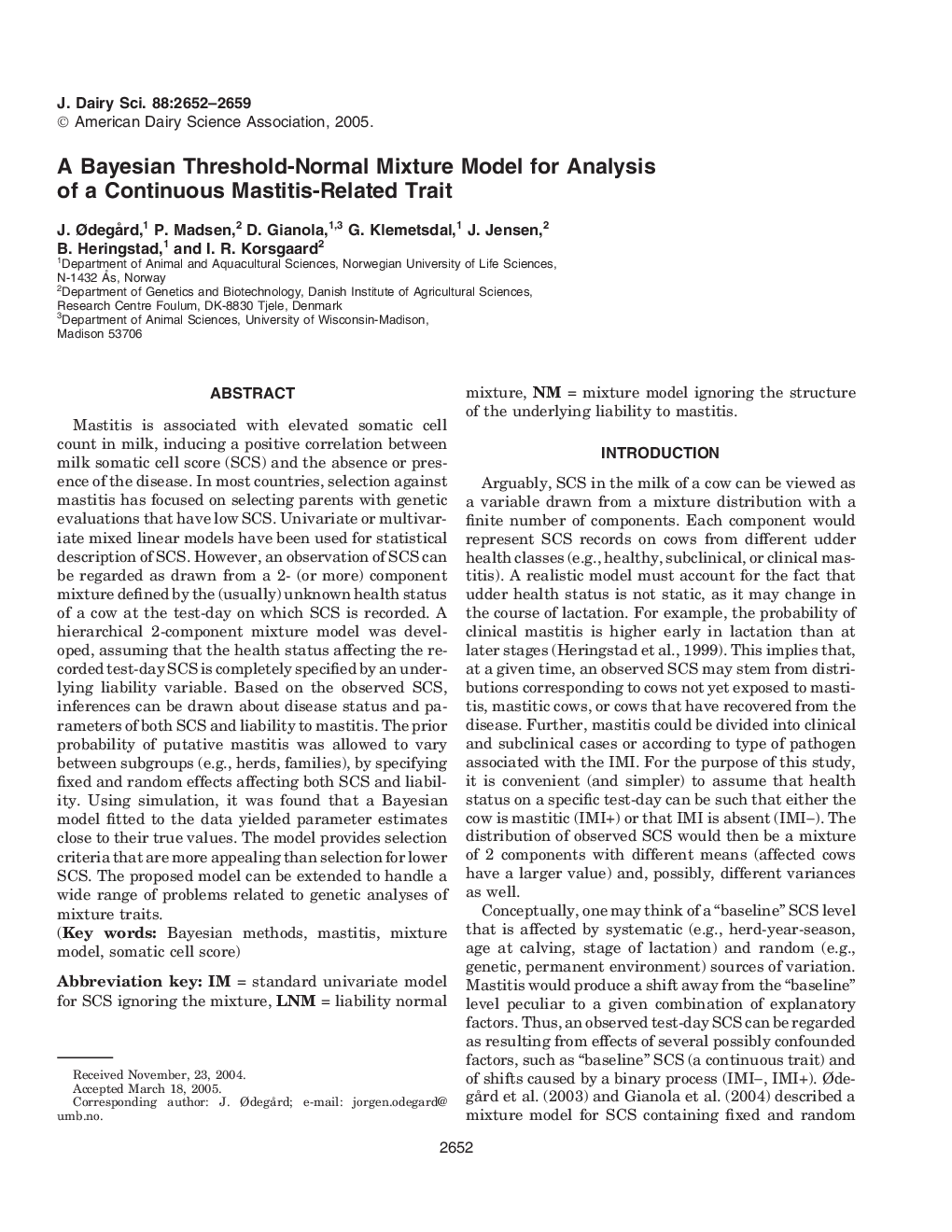 A Bayesian Threshold-Normal Mixture Model for Analysis of a Continuous Mastitis-Related Trait