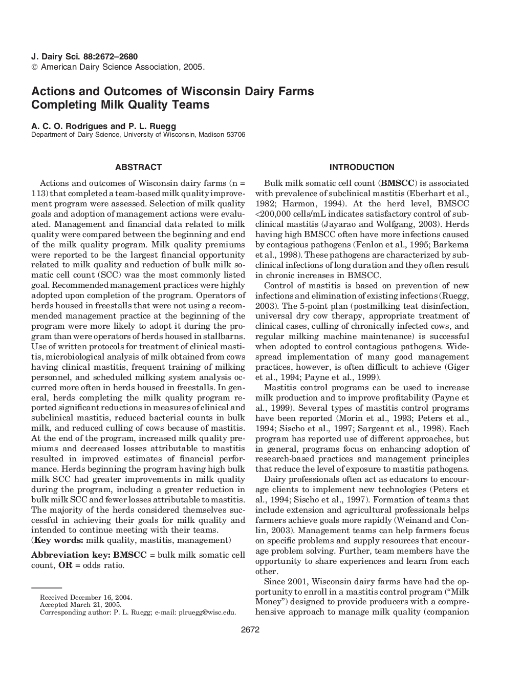 Actions and Outcomes of Wisconsin Dairy Farms Completing Milk Quality Teams