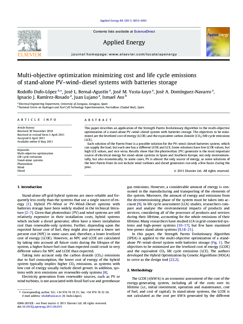 Multi-objective optimization minimizing cost and life cycle emissions of stand-alone PV–wind–diesel systems with batteries storage