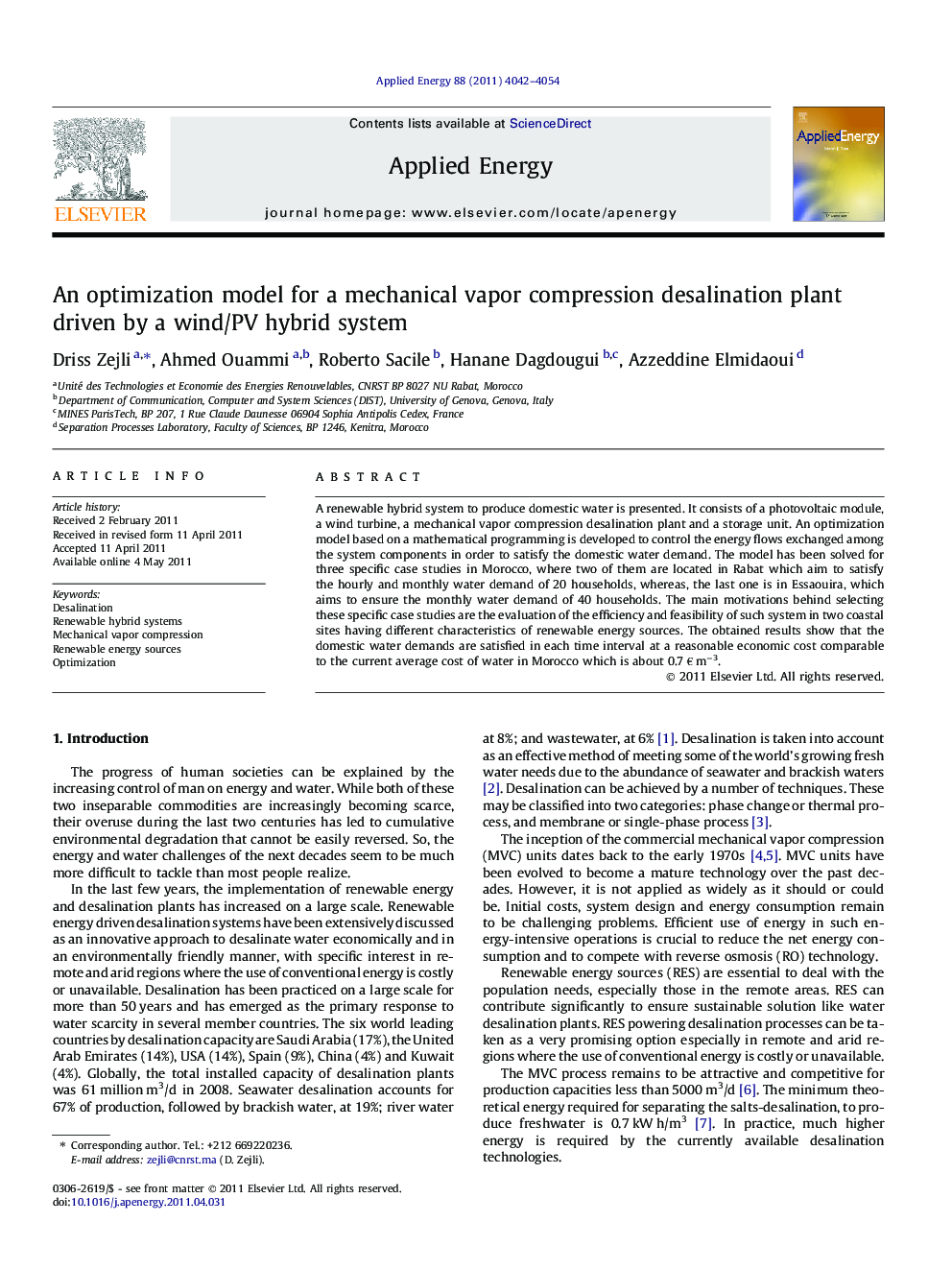 An optimization model for a mechanical vapor compression desalination plant driven by a wind/PV hybrid system