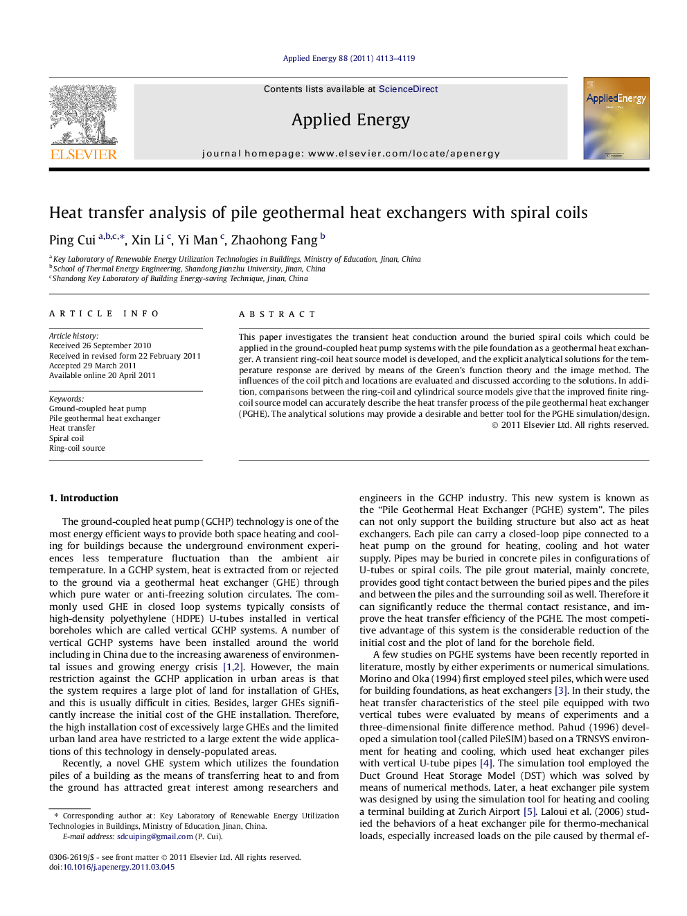 Heat transfer analysis of pile geothermal heat exchangers with spiral coils