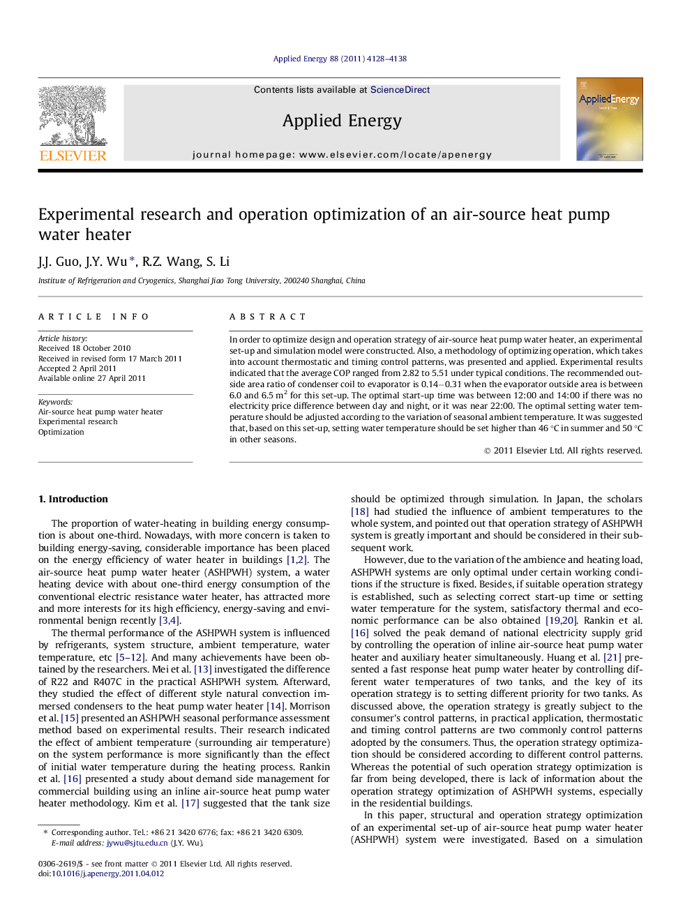 Experimental research and operation optimization of an air-source heat pump water heater