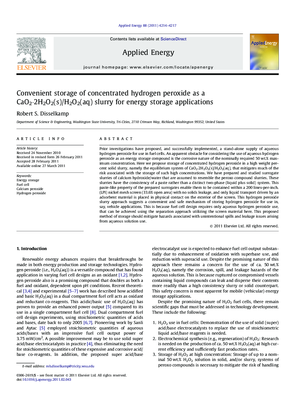Convenient storage of concentrated hydrogen peroxide as a CaO2·2H2O2(s)/H2O2(aq) slurry for energy storage applications