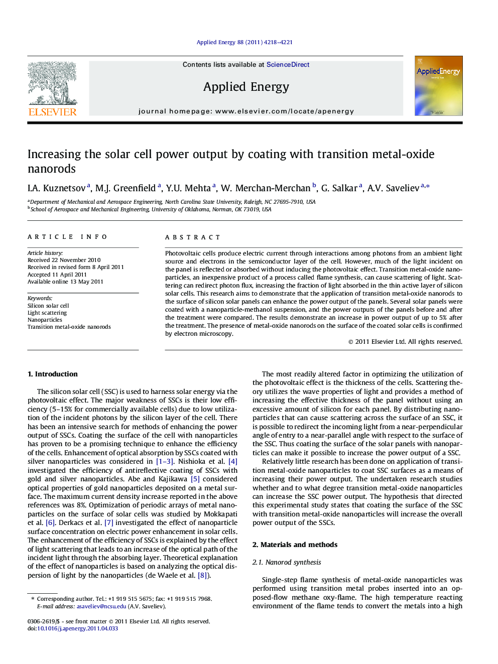 Increasing the solar cell power output by coating with transition metal-oxide nanorods