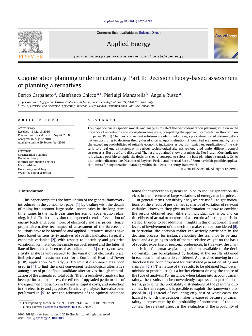 Cogeneration planning under uncertainty. Part II: Decision theory-based assessment of planning alternatives