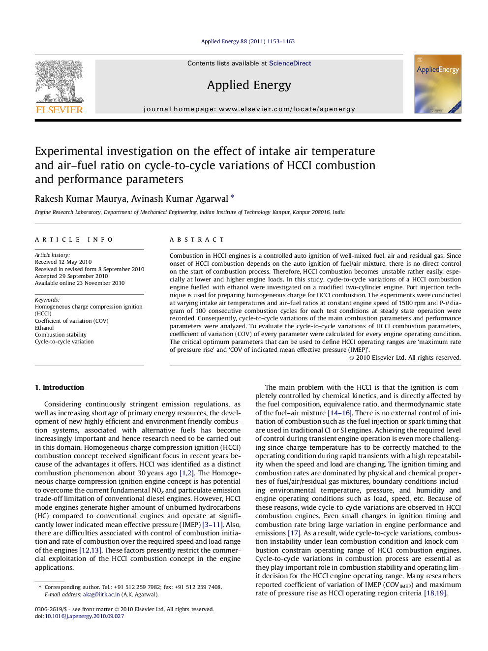 Experimental investigation on the effect of intake air temperature and air–fuel ratio on cycle-to-cycle variations of HCCI combustion and performance parameters