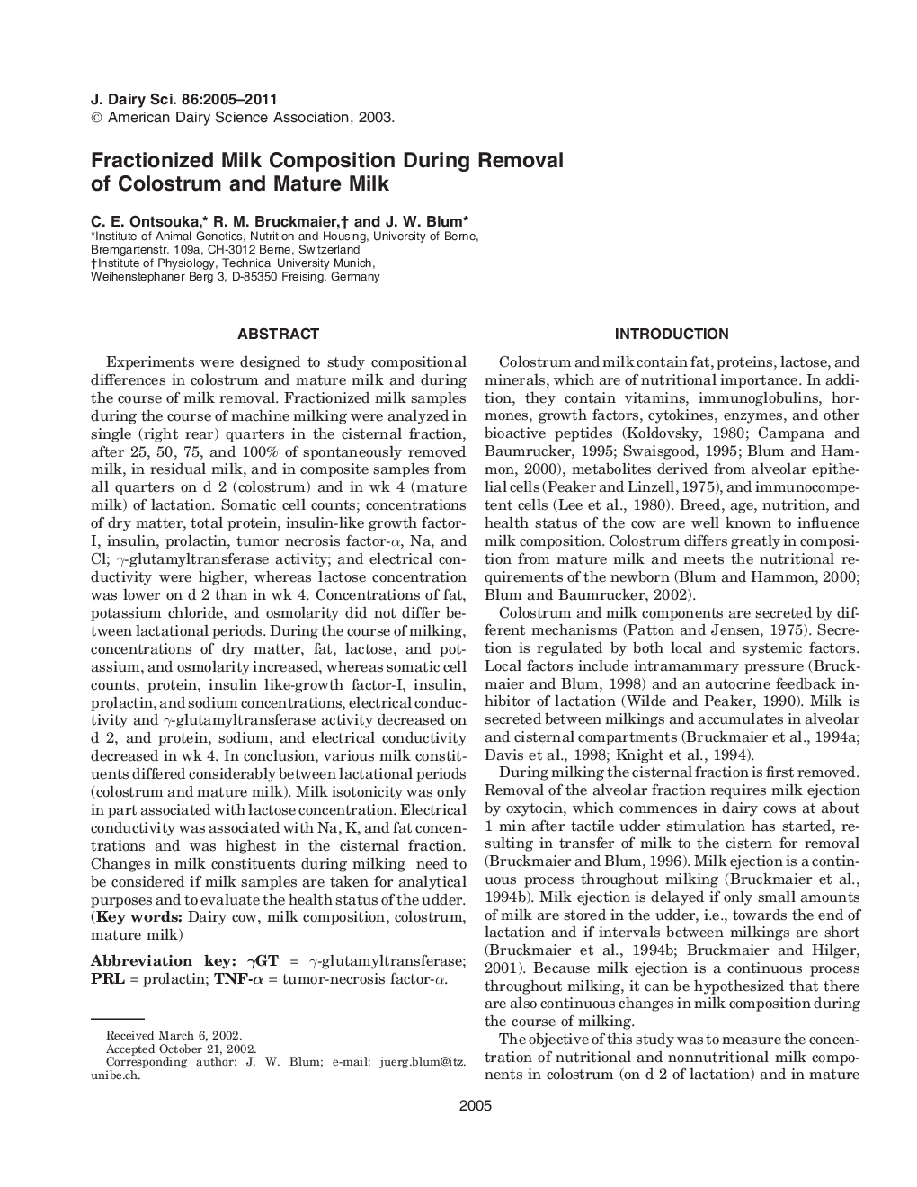 Fractionized Milk Composition During Removal of Colostrum and Mature Milk