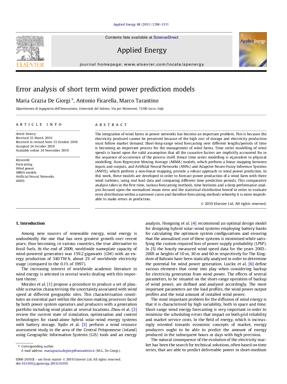 Error analysis of short term wind power prediction models