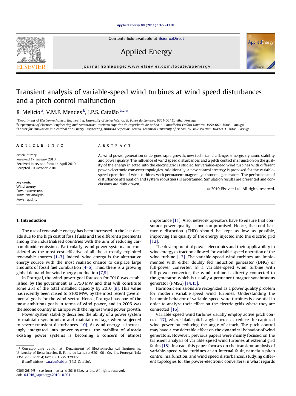 Transient analysis of variable-speed wind turbines at wind speed disturbances and a pitch control malfunction