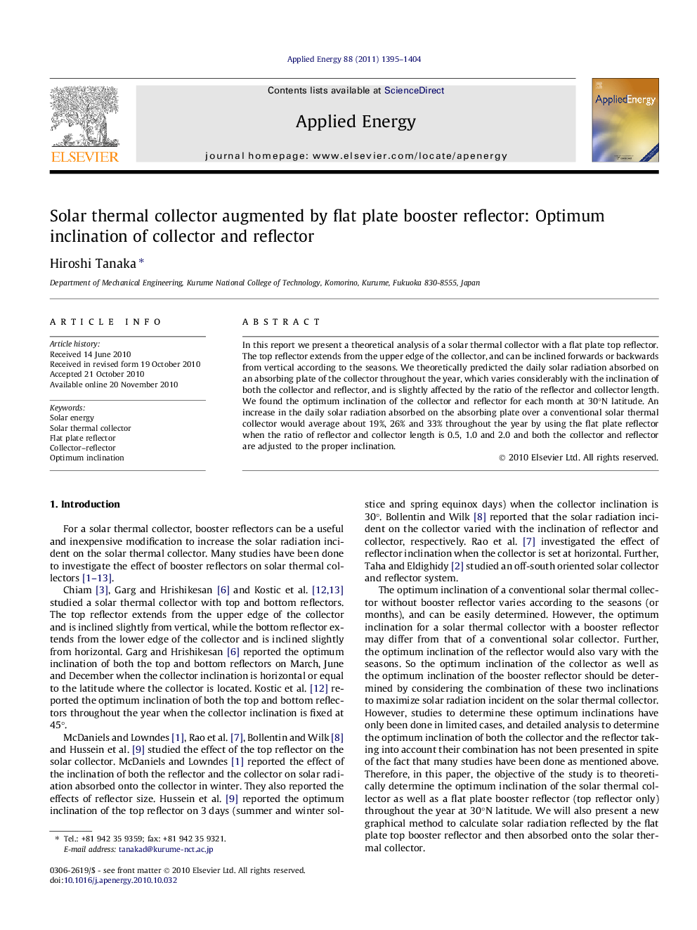 Solar thermal collector augmented by flat plate booster reflector: Optimum inclination of collector and reflector